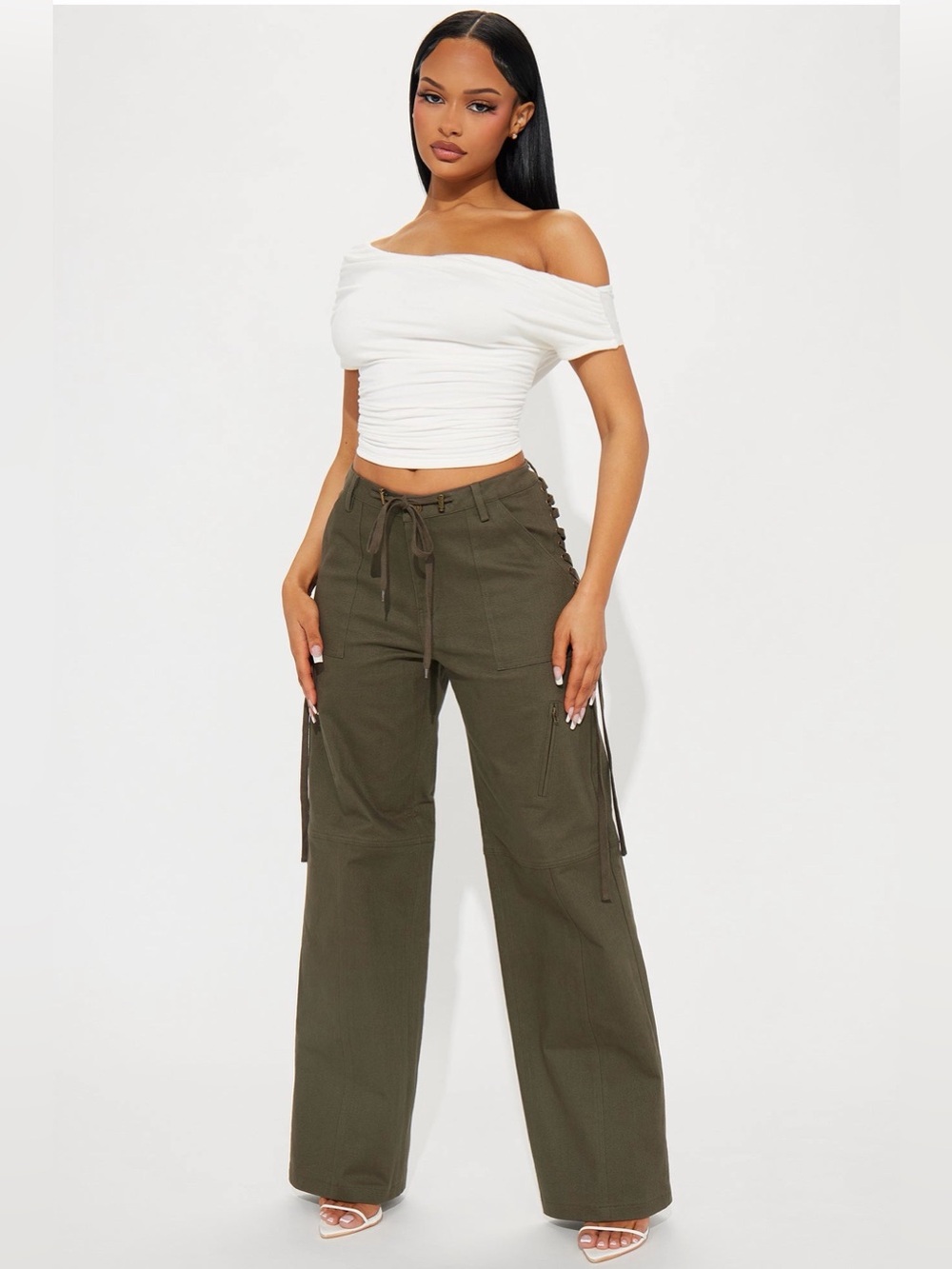 Women’s Olive Wide-Leg Cargo Jumpsuit Pants